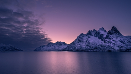 Wonderful Mountains and Lake with Purple Sunset