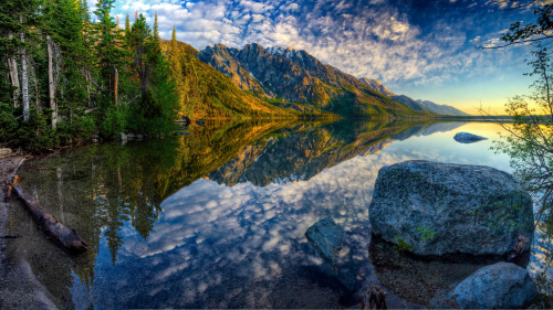 Wonderful pure lake and green pine forest