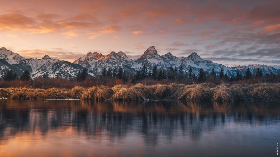 Wonderful View on Snowed Mountains and Autumn Forest