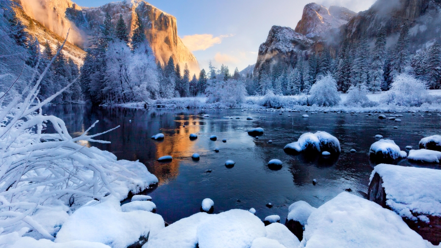 Wonderful Winter Lake in Mountain Valley